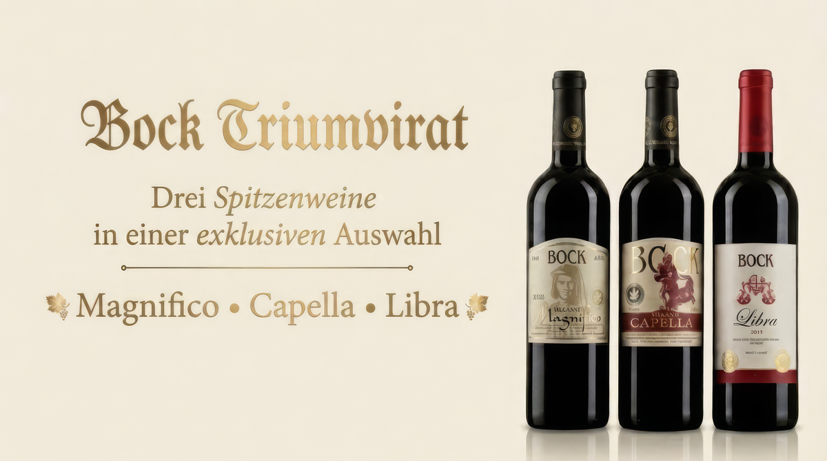 Bock Triumvirat 3er-Spitzenwein-Set mit den ungarischen Premium-Rotweinen Magnifico, Capella und Libra vom Weingut Bock aus Villány.