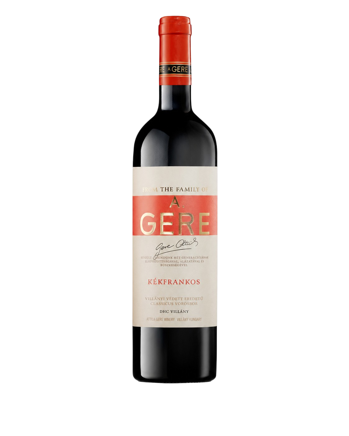 Flasche A. Gere Kékfrankos 2024, trockener Rotwein aus Villány, Ungarn.