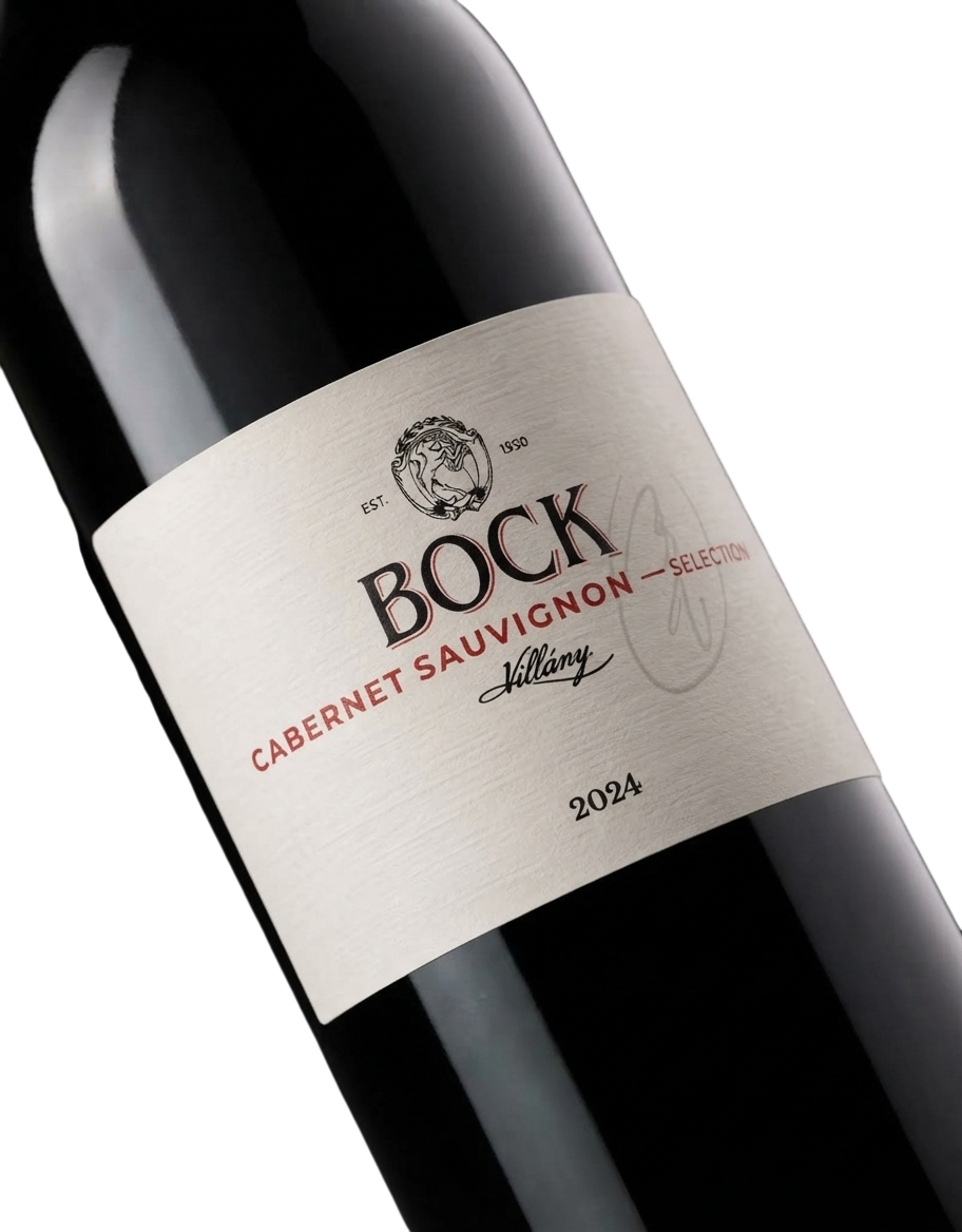 Etikett des Bock BV Cabernet Sauvignon Selection 2024, trockener Rotwein aus Villány, Ungarn, in Nahaufnahme.