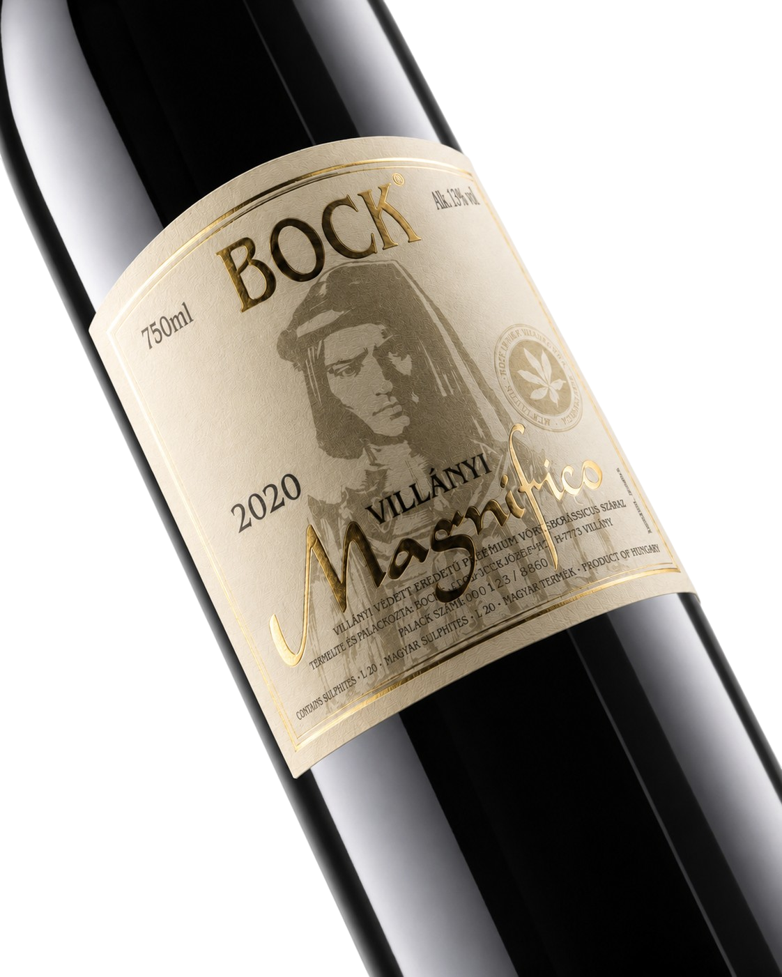 Nahaufnahme des Weinetiketts vom Bock Magnifico Merlot 2020 mit goldenem Schriftzug und historischem Porträt-Motiv vom Weingut Bock aus Villány.