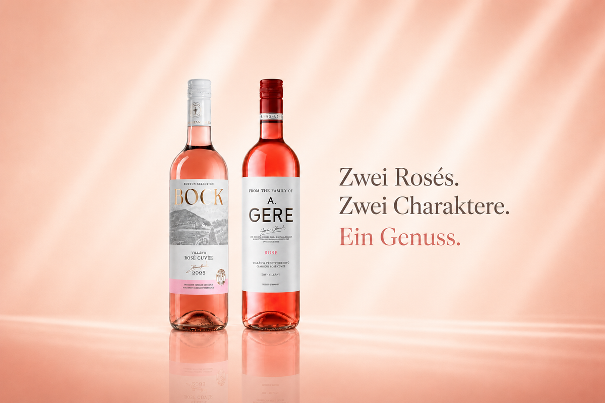 Entdecken Sie unsere Rotweine und Rosés: Flasche Bock Villányi Rosé Cuvée und A. Gere Rosé vor lachsfarbenem Hintergrund. Text: Zwei Rosés. Zwei Charaktere. Ein Genuss.
