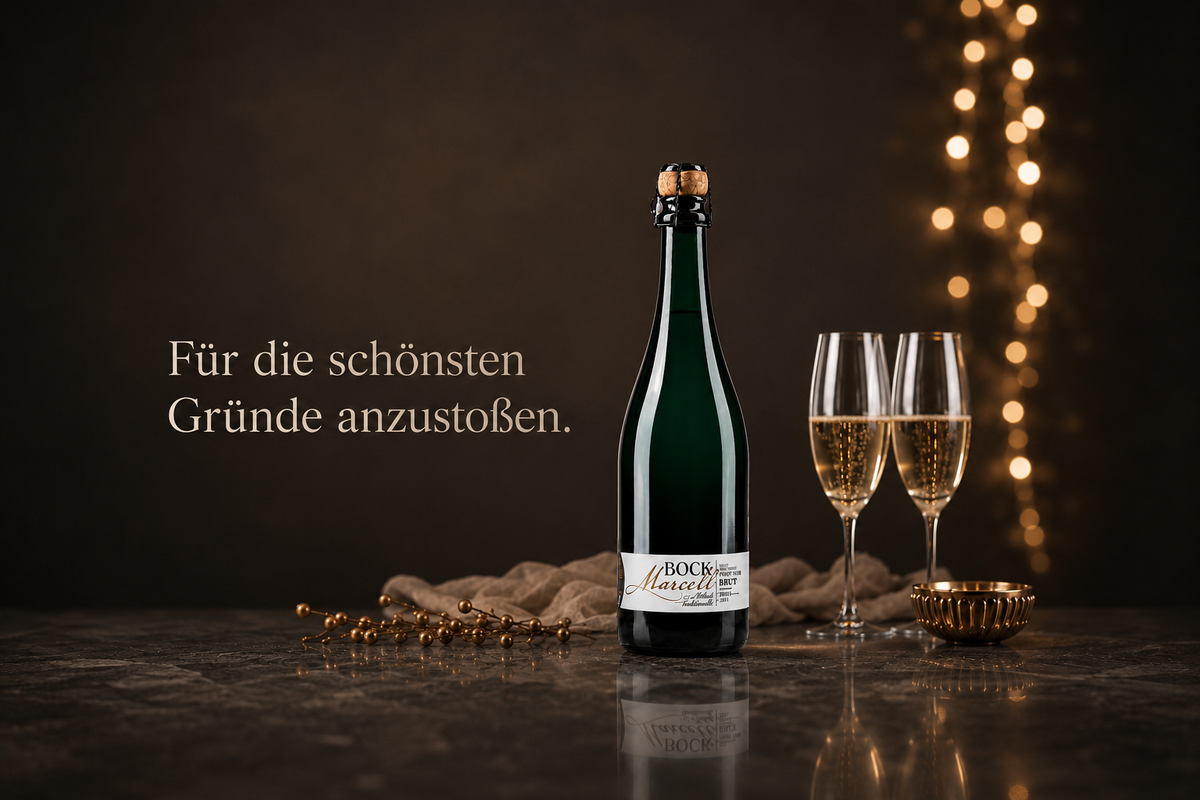 Entdecken Sie exklusiven Sekt und Schaumwein: Eine Flasche Bock Marcell Méthode Traditionnelle Brut mit zwei gefüllten Sektgläsern. Text: Für die schönsten Gründe anzustoßen.
