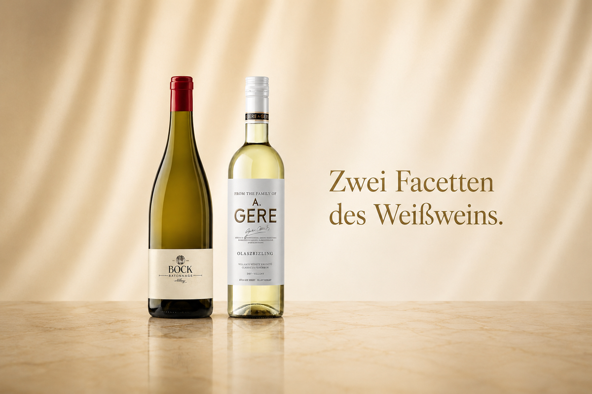Entdecken Sie unsere exklusiven Weißweine: Flaschen von Bock Batonnage und A. Gere Olaszrizling vor hellem Hintergrund. Text: Zwei Facetten des Weißweins.