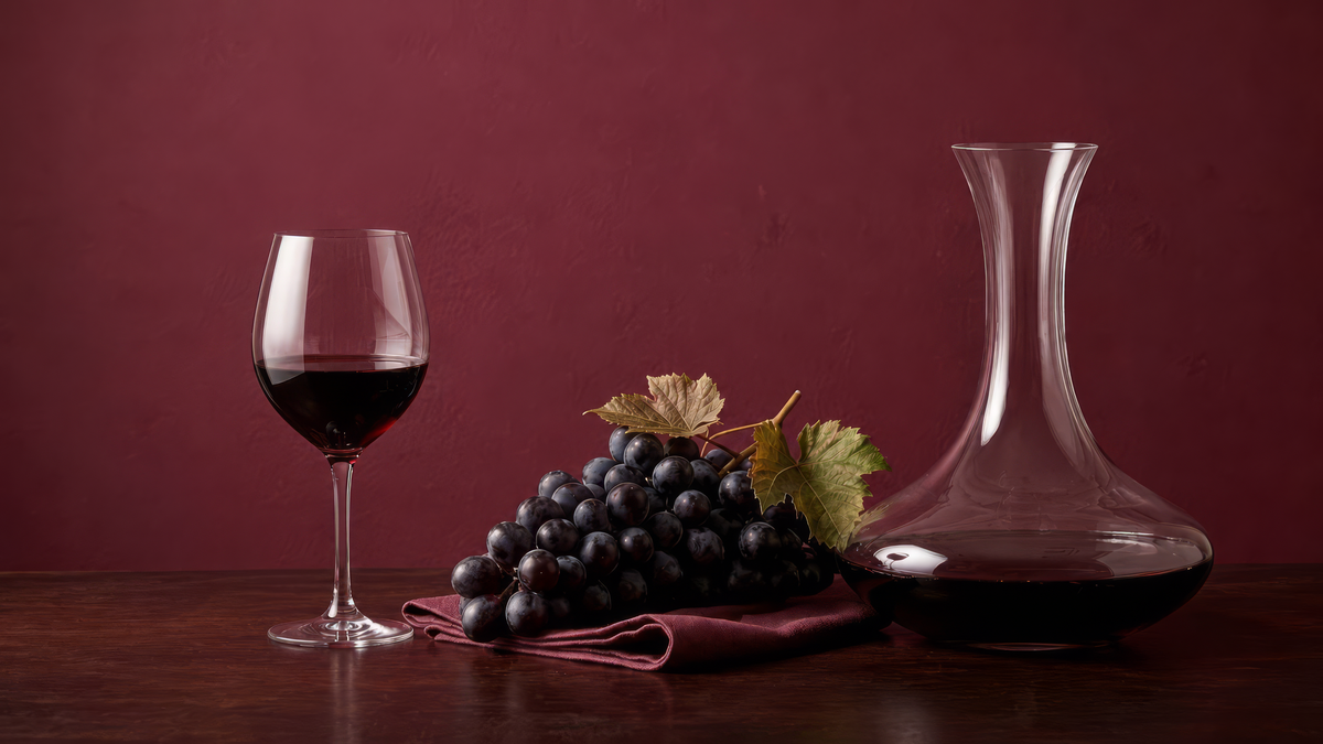 Ein Glas Rotwein, frische dunkle Weintrauben und eine edle gläserne Dekantierkaraffe auf einem Holztisch vor weinrotem Hintergrund – ED Winter Exklusive Weine.