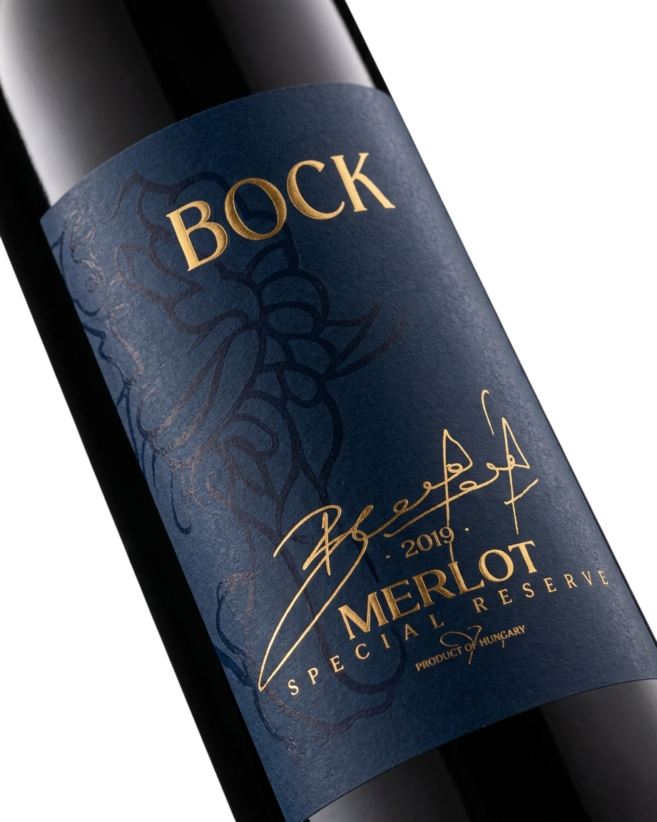 Etikett des Bock Merlot Special Reserve 2019 in Nahaufnahme