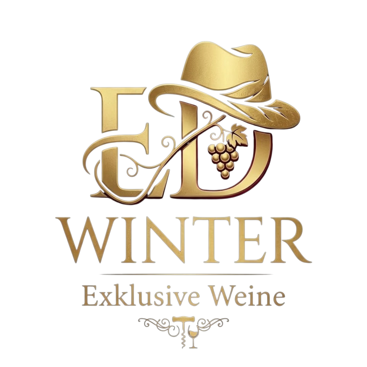 Logo von ED Winter Exklusive Weine mit goldenen Initialen, Trachtenhut und Weintraube.