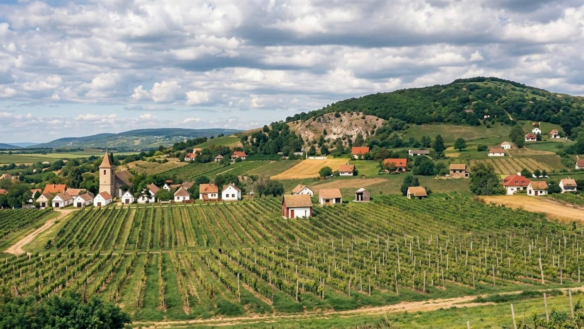 Zu den Weinen vom Weingut Bock: Malerische Weinberge und historische Weinkeller in einer idyllischen Hügellandschaft.