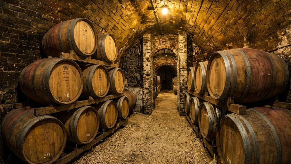 Zu den im Holzfass gereiften Weinen vom Weingut Bock: Historischer, lang gestreckter Weinkeller mit unzähligen übereinandergestapelten Barrique-Eichenfässern.